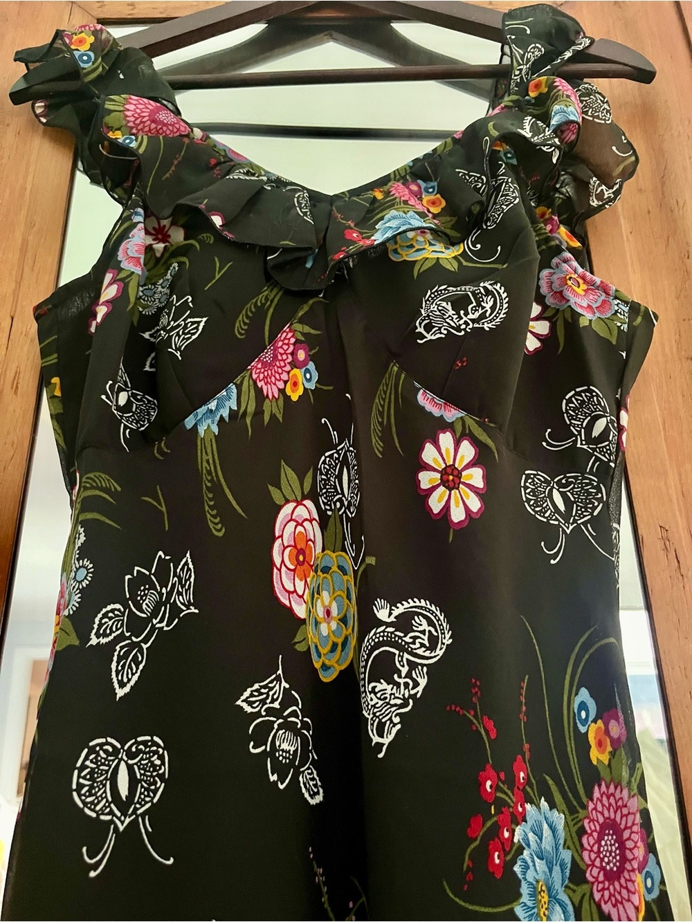 Y2K Dragon Floral Flutter Sleeve Ruffle-Trim Whimsigoth Midi Deadstock